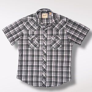 Wrangler Western Plaid Snap Shirt Short Sleeve Black Gray Men’s Large